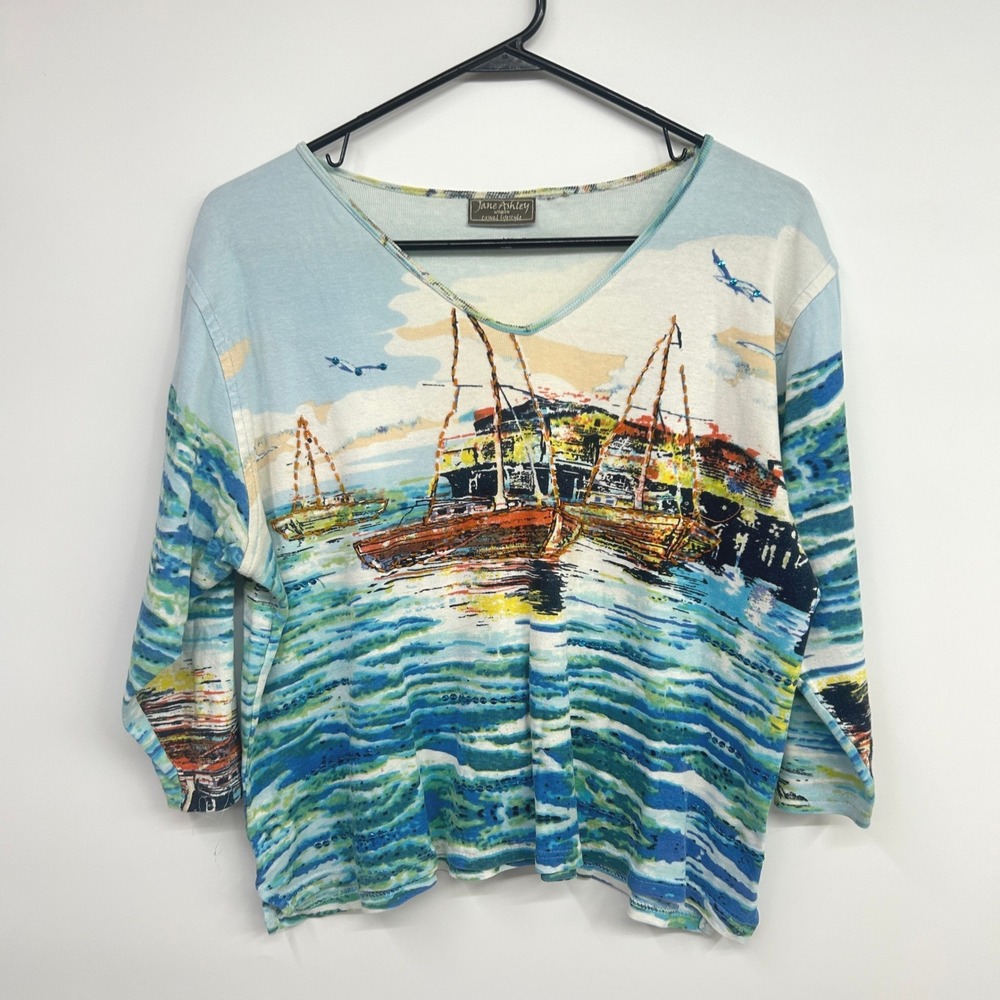 Jane Ashley Nautical Sailboat Beaded V-Neck Top Large Blue Coastal All Over Art